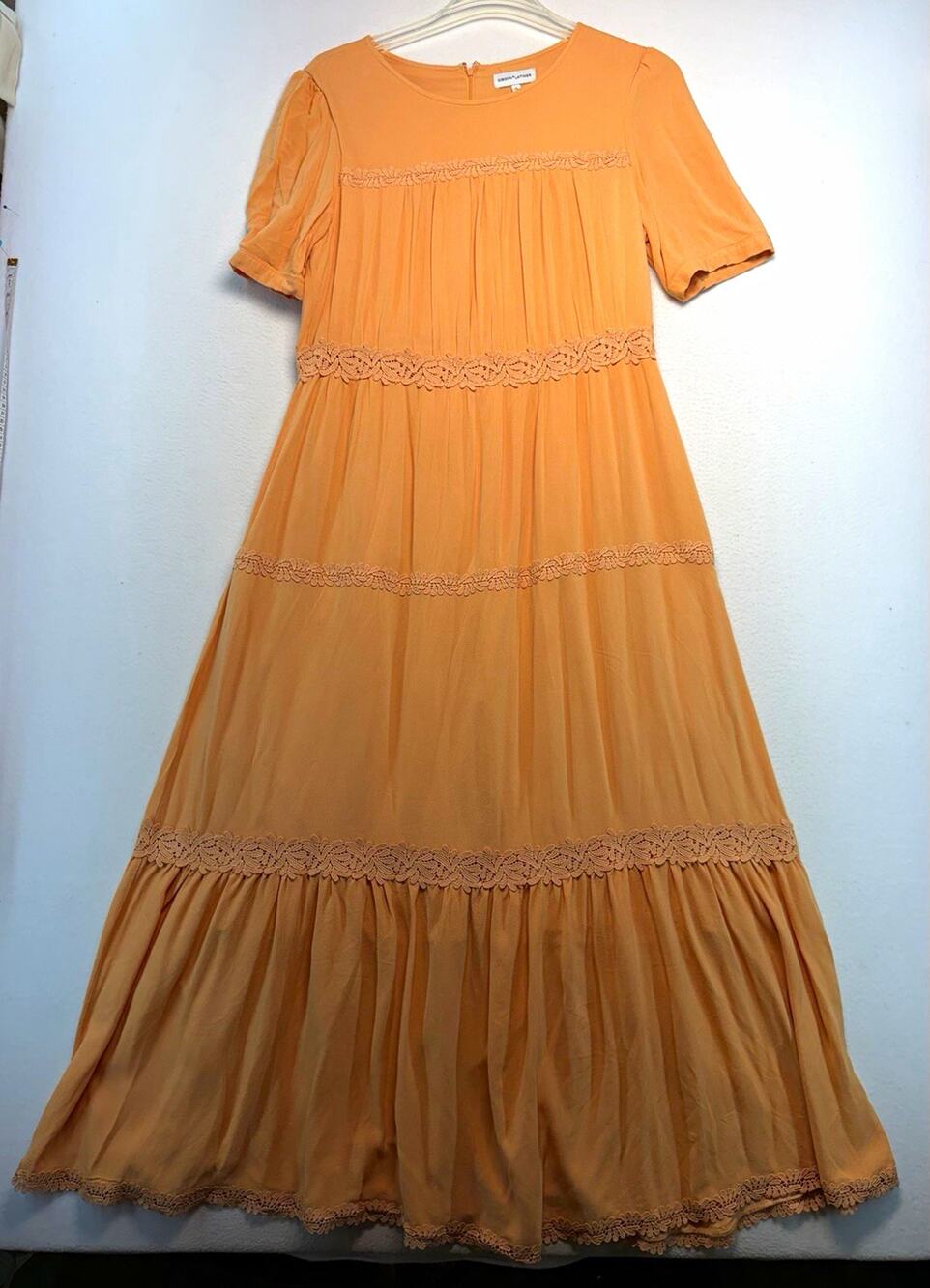 Gibson Latimer Peach Lace Lined Maxi peasant romantic Dress Puff Sleeve Size L